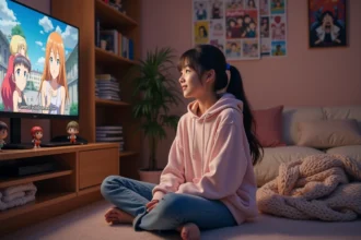Jeune femme regardant un anime en VOSTFR sur son ordinateur dans une chambre décorée de mangas et de figurines