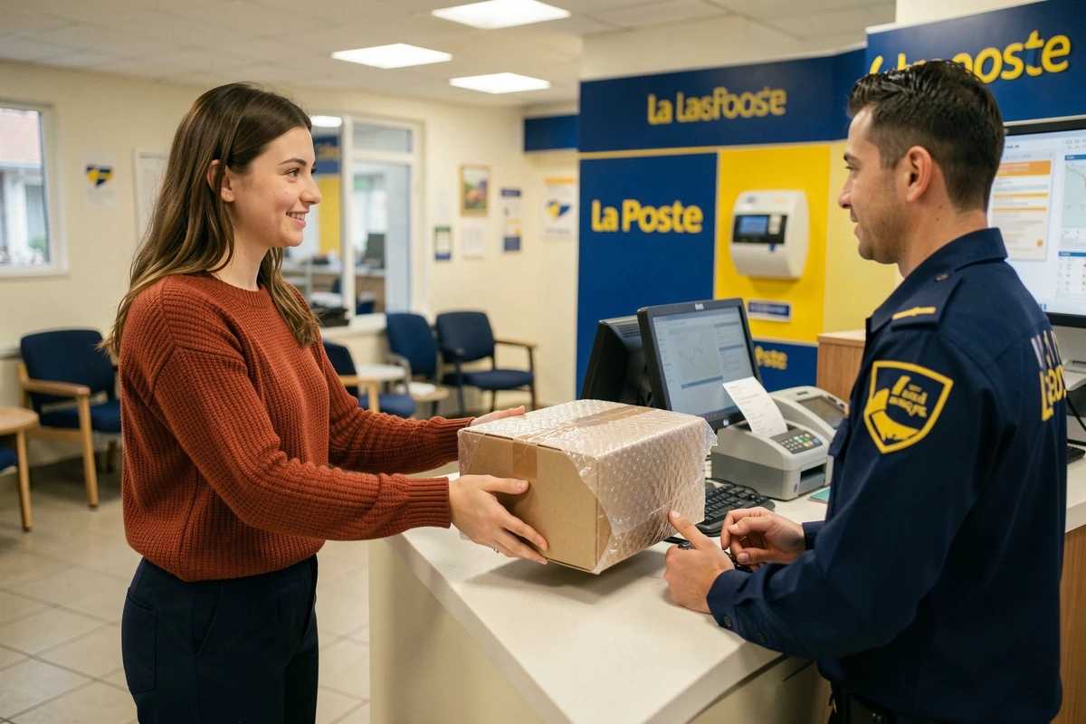 Jeune femme remettant un colis fragile de valeur à un agent Chronopost dans un bureau de La Poste