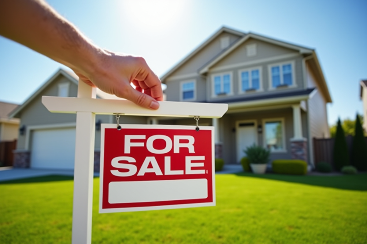 Main retirant une pancarte vente devant une maison