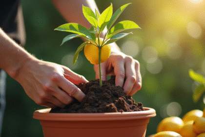 Personne repiquant un limonier en pot extérieur en plein jour