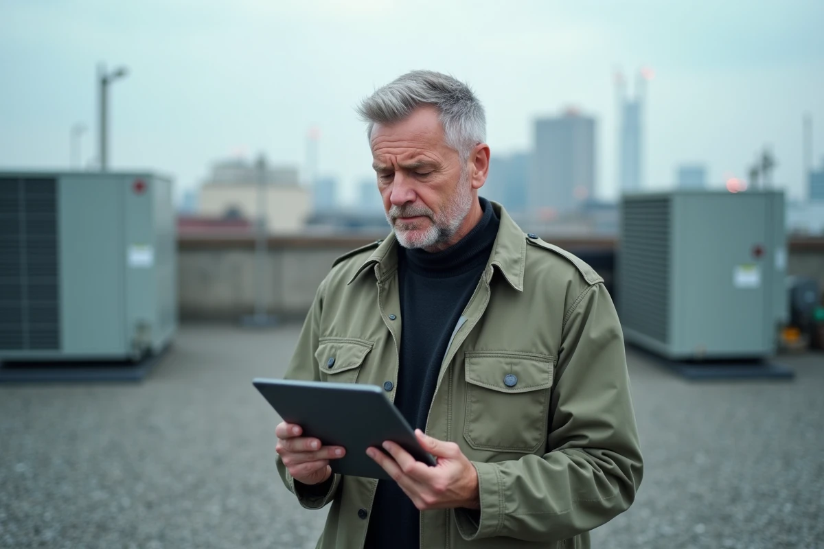 Responsable environnemental consultant un tableau de bord carbone sur tablette lors d'un audit opérationnel sur le toit d'un bâtiment industriel