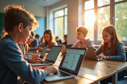 Salle de classe lumineuse en Auvergne avec élèves utilisant tablettes
