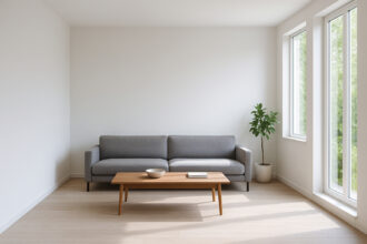 Photo d'un salon moderne minimaliste avec canapé gris et lumière naturelle