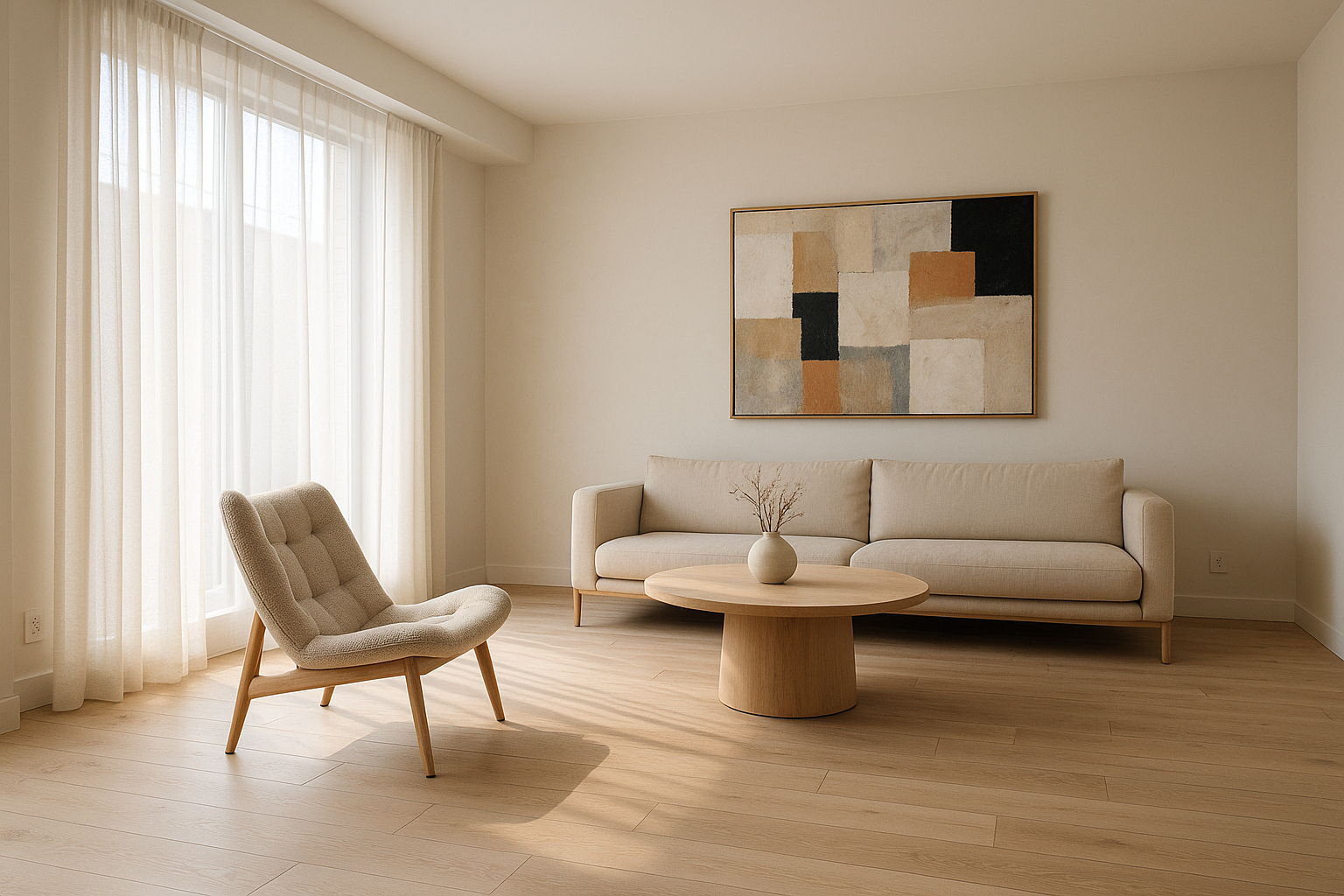 Salon spacieux au style scandinave avec fauteuil et peinture abstraite