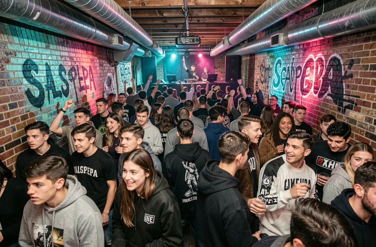 Atmosphère underground du club Salspelpa à Dijon avec murs en briques apparentes, conduits industriels et piste de danse compacte baignée de lumières UV cyan et magenta