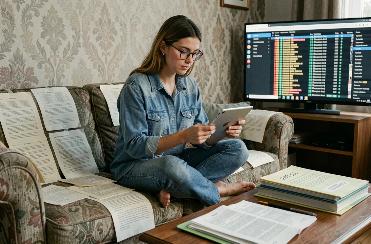 Jeune femme consultant des archives imprimées du forum 18-25 sur une tablette entourée de dossiers et de documents classés