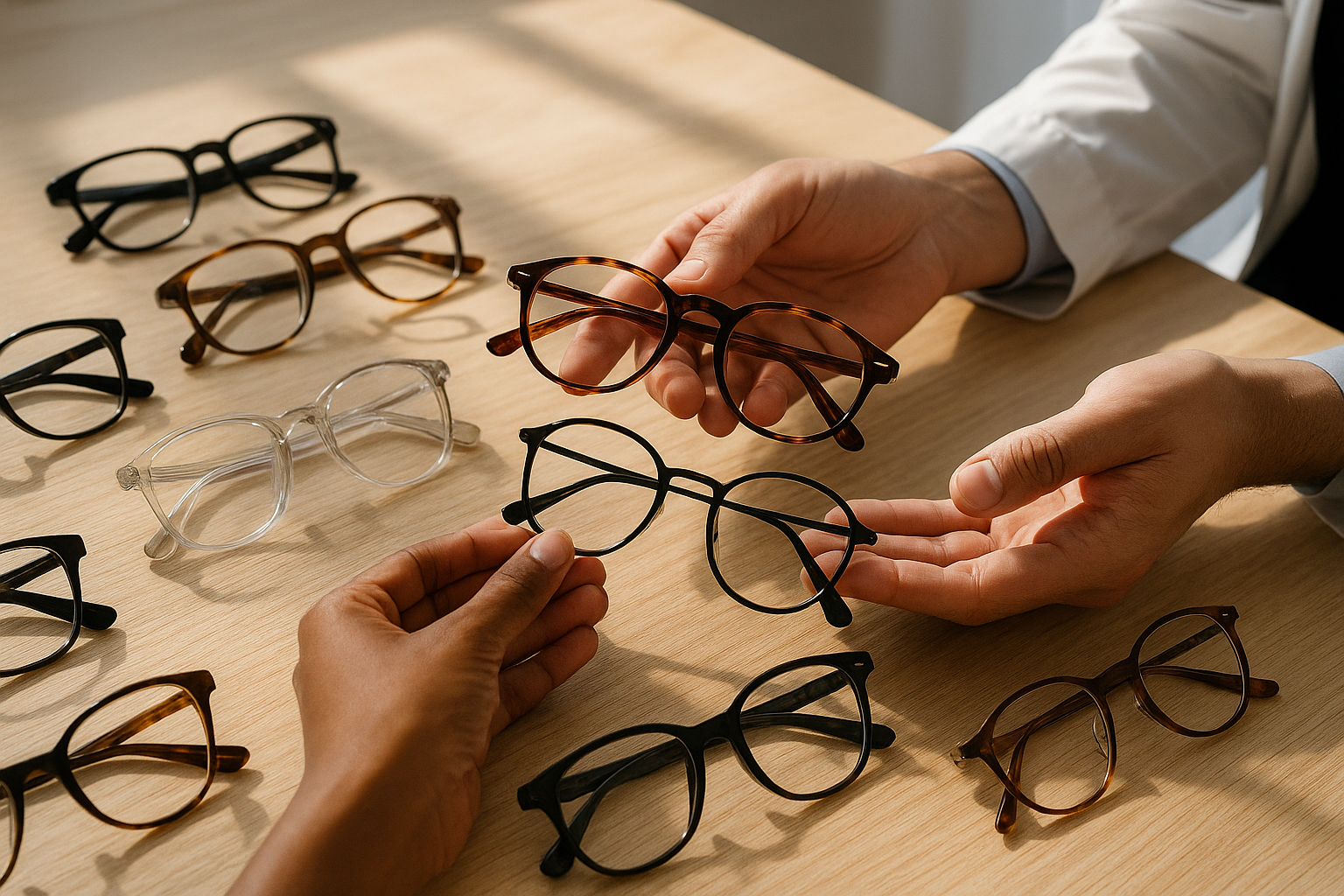 Gamme de lunettes sur une table en bois avec présentation par un professionnel