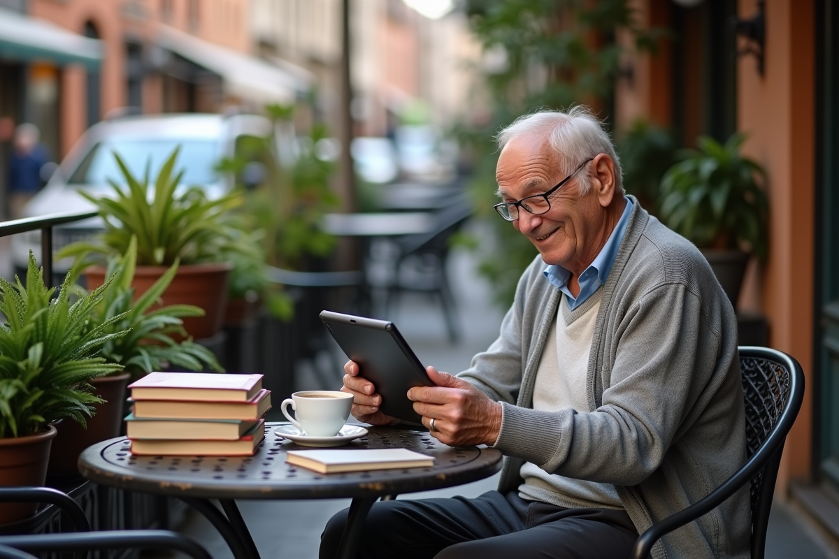 Homme âgé lisant un ebook dans un café en plein air