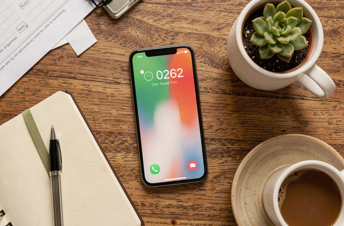 Smartphone posé sur un bureau affichant un appel entrant d'un numéro 0262 de La Réunion