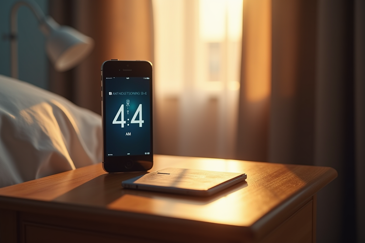 Smartphone allumé sur une table en bois avec lumière douce
