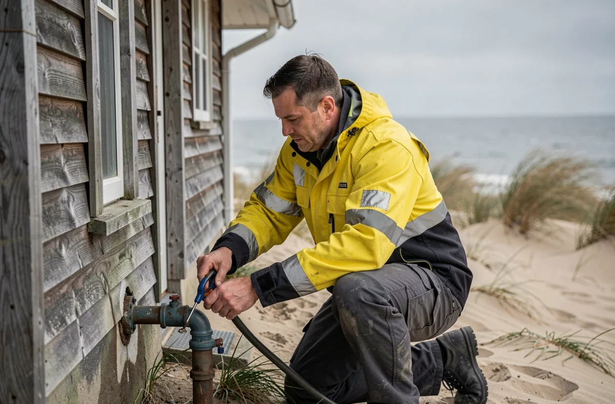 Plombier urgentiste SOS Plombier Dunkerque réparant une canalisation extérieure près du littoral nord avec la mer en arrière-plan
