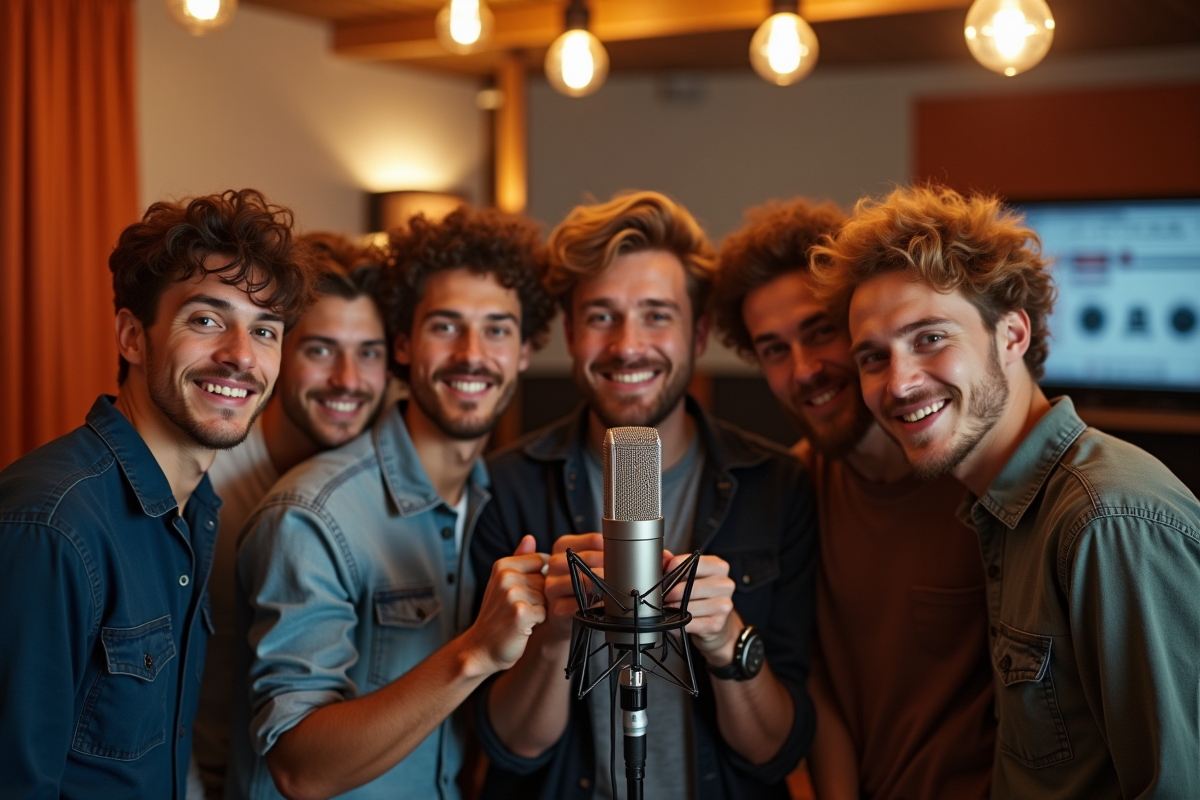 Groupe de jeunes hommes dans un studio d