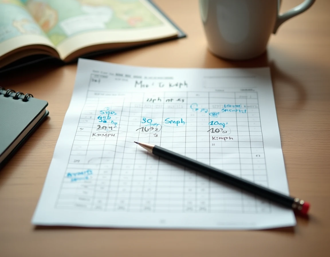 Tableau de conversion mph en km/h posé sur un bureau en bois avec un carnet et une tasse de café