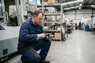 Technicien de maintenance industrielle inspectant une machine CNC avec un pied à coulisse dans un atelier de fabrication