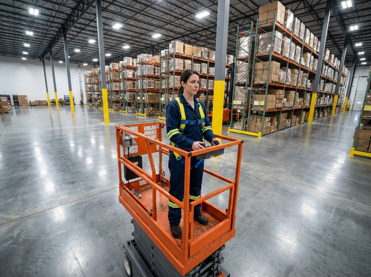 Technicienne en intérieur utilisant une plateforme élévatrice