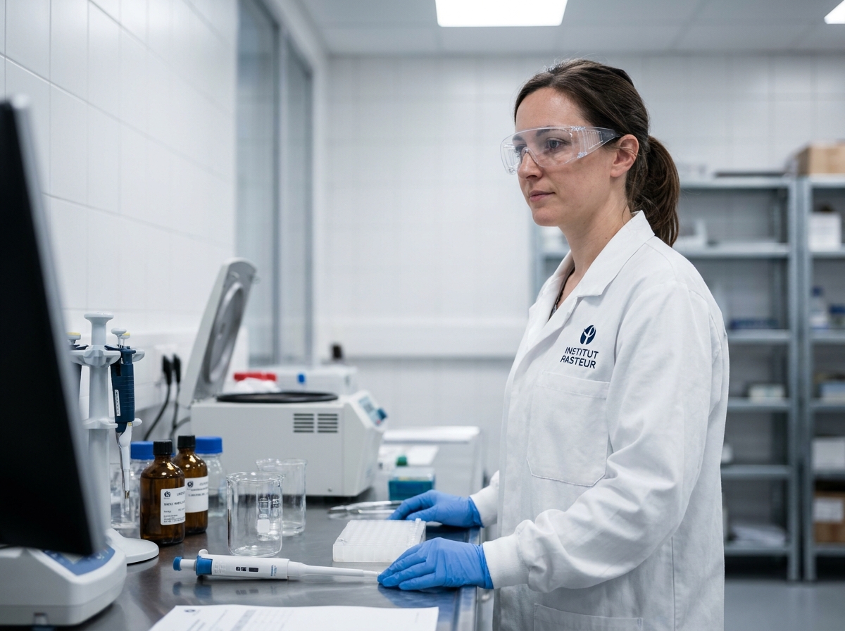 Technicienne de laboratoire portant des lunettes de sécurité réglementaires dans un laboratoire européen