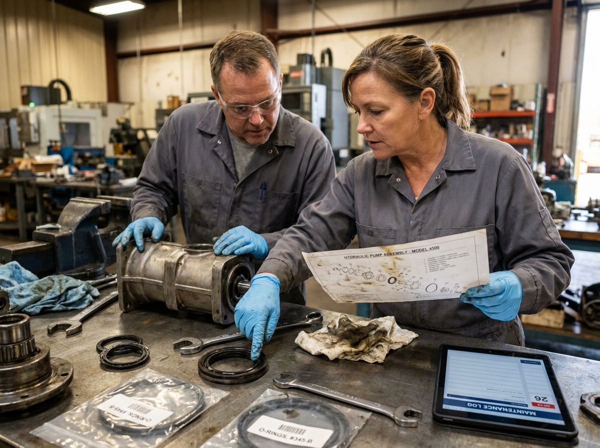 Deux techniciens de maintenance collaborant sur la réparation d'une pompe hydraulique démontée dans un atelier industriel