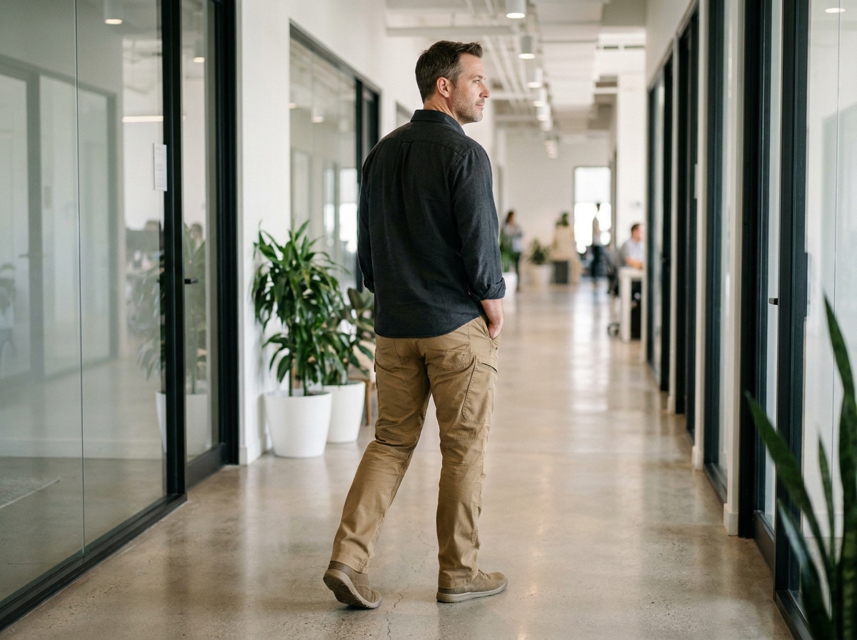Homme en tenue tactique discrète composée d'un chino coyote et d'une chemise fonctionnelle marchant dans un couloir de bureau moderne, illustrant l'intégration des vêtements tactiques dans un contexte professionnel
