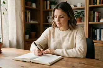 Femme introspective prenant des notes dans un journal personnel pour un test de personnalité archange et développement personnel