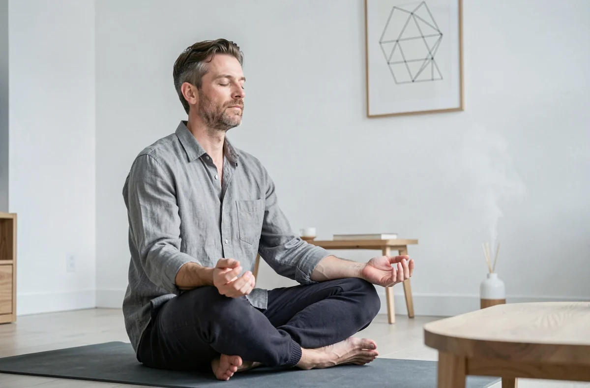 Homme en méditation dans un intérieur minimaliste illustrant le développement personnel et les tests de personnalité spirituels