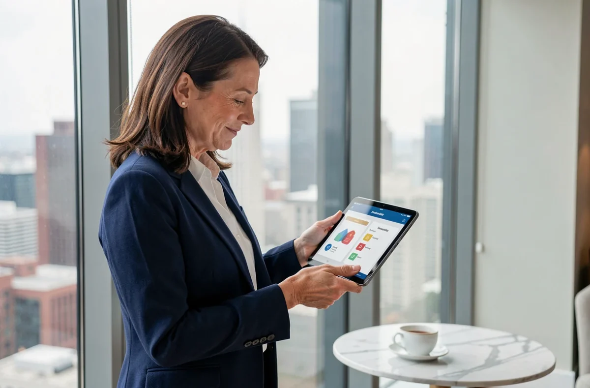 Femme consultant un test de personnalité archange sur tablette près d'une fenêtre urbaine pour son développement personnel