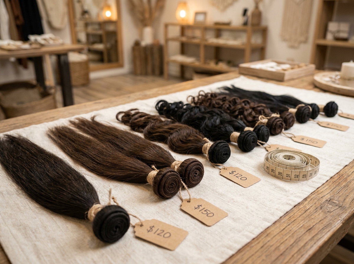 Différentes textures d'extensions de cheveux naturels présentées dans une boutique spécialisée