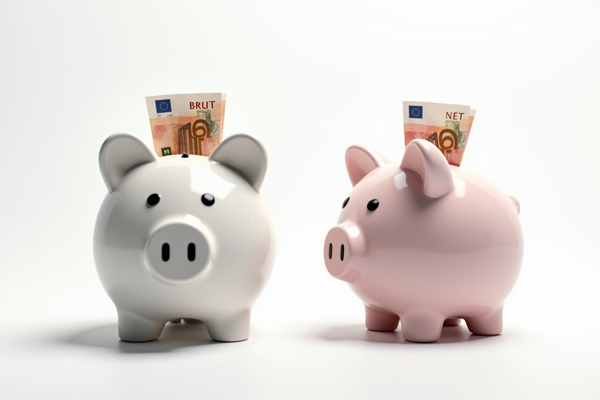 Deux tirelires avec billets euros brut et net sur fond blanc