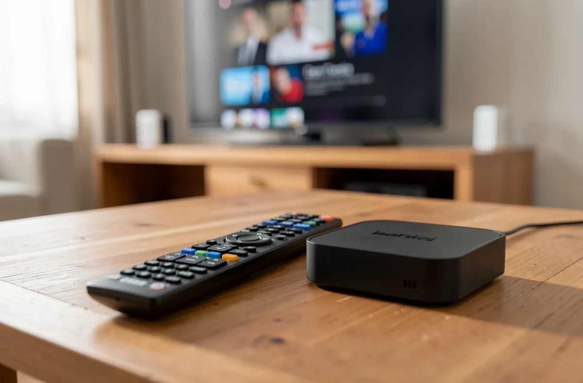 Une télécommande posée devant un écran de télévision dans un salon