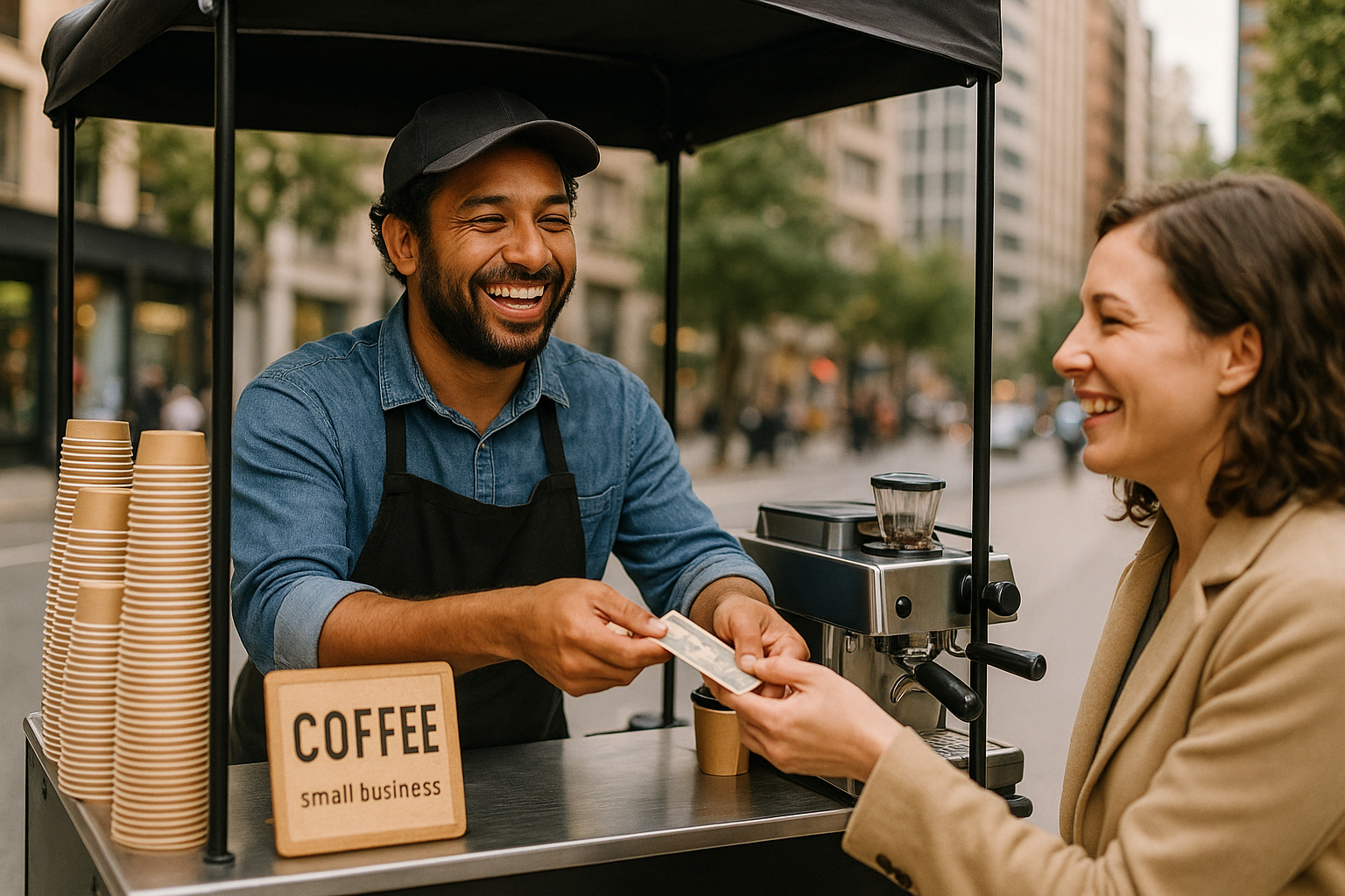 Vendeur de cafe de rue recevant un paiement