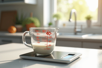 Verre mesureur rempli à 40 cl sur plan de travail lumineux