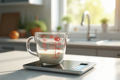 Verre mesureur rempli à 40 cl sur plan de travail lumineux