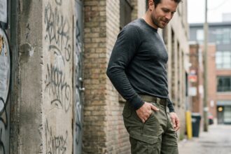 Homme portant un pantalon cargo tactique olive et un haut en laine mérinos gris en milieu urbain, illustrant le confort au quotidien des vêtements tactiques