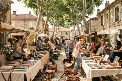 Vide-grenier animé sur une place de village dans l'Ain avec des étals d'objets vintage et des visiteurs qui flânent