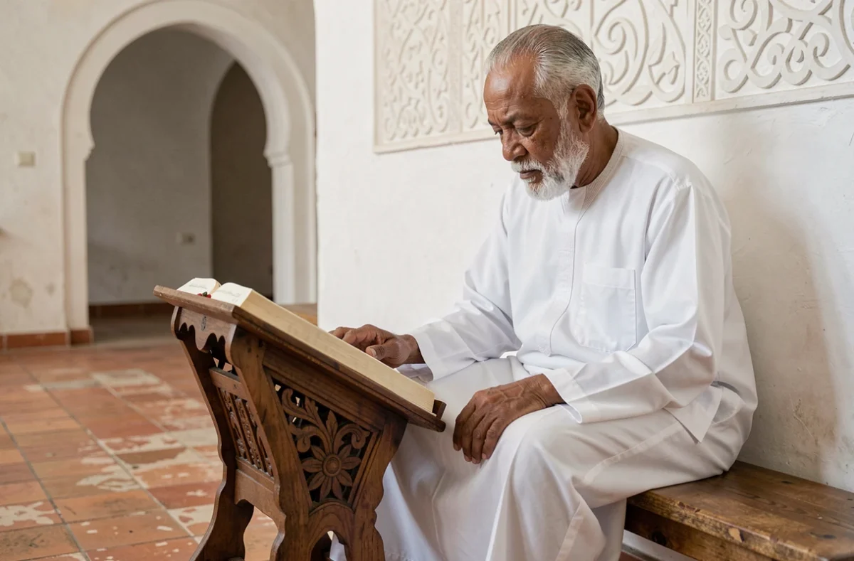 Vieil homme musulman méditant devant le Coran ouvert dans une mosquée traditionnelle, lecture silencieuse du regard