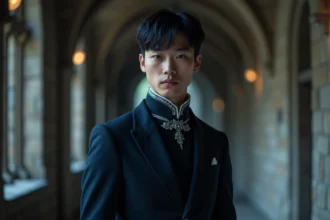 Jeune homme en uniforme académique sombre aux détails argentés gothiques, regard perçant et froid dans un couloir de pierre stylisé, illustration du manhwa dark fantasy Fox-Eyed Villain