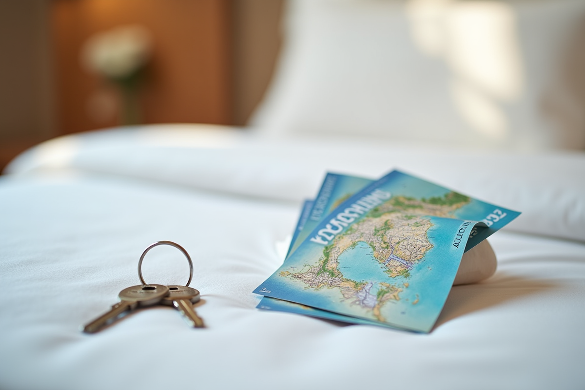 Vouchers de vacances posés près de la clé de chambre sur un lit propre