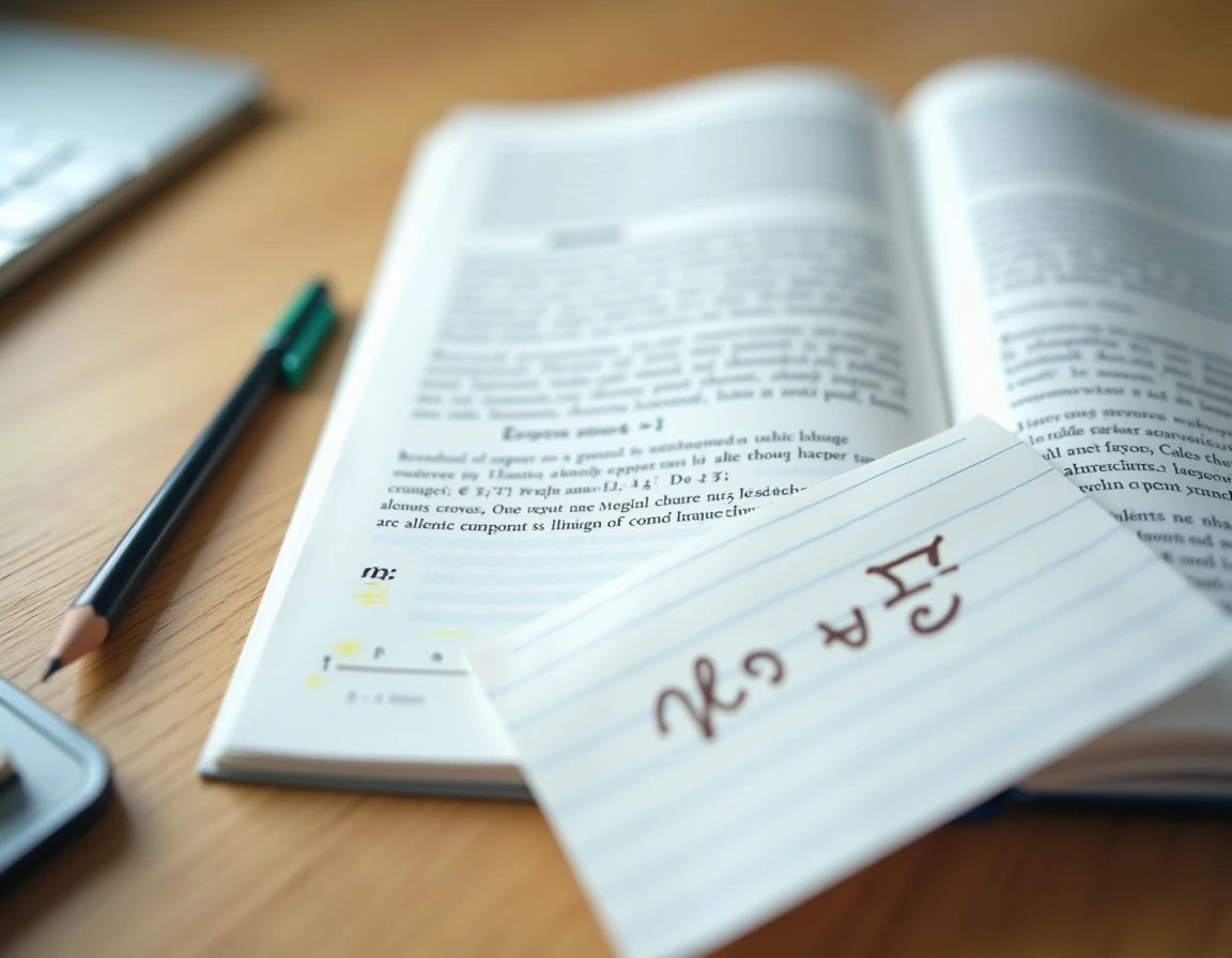 Vue de dessus d'un manuel de mathématiques ouvert avec le symbole environ surligné en jaune et une fiche manuscrite sur une table en bois clair